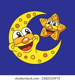 Hand drawn moon and star retro cartoon illustration
