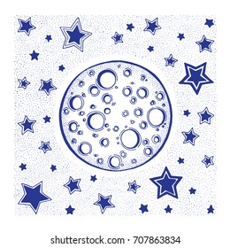 Hand drawn moon and stars illustration.