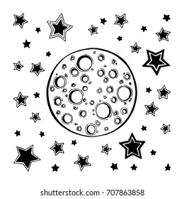 Hand drawn moon and stars illustration.