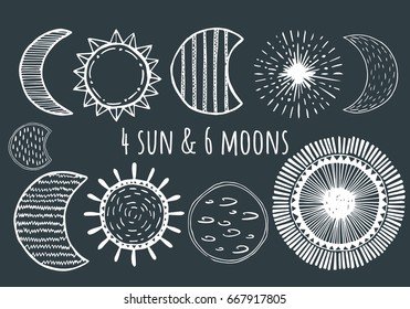 Hand drawn moons and suns. Vector. Isolated.