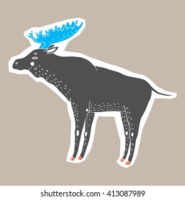 Hand drawn moose with big horns. Vector illustration
