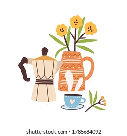 Hand drawn morning composition with coffee and flowers vector flat illustration. Cute bouquet in vase with hot beverage in cup isolated. Fragrance drink in mug decorated by flower and design element