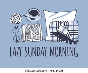 Hand drawn morning fashion illustration. Creative ink art work. Actual vector drawing. Cozy set: plaid, book, coffee