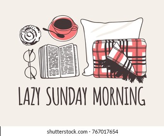 Hand drawn morning fashion illustration. Creative ink art work. Actual vector drawing. Cozy set: plaid, book, coffee