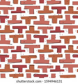 Hand drawn mosaic block shapes abstract cuttings seamless pattern. Rouge brown repeat background for wrap, textile and print design. Earthy colors texture objects texture.
