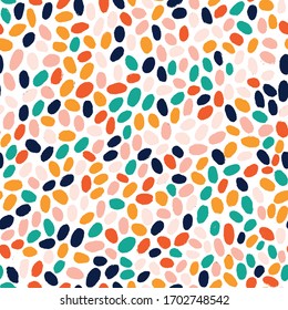 Hand drawn mosaic pattern of brush stroke. Vector seamless pattern with geometric texture shapes, dots. Abstract background of polka dot style in bright colors. Decorative mosaic background for print.