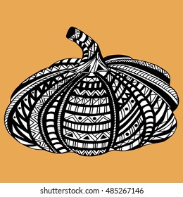 Hand drawn mosaic pumpkin isolated on orange background. Vector.