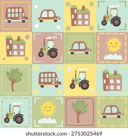 Hand drawn mosaic seamless pattern with cars, bus, tractor, house, tree, sun with cloud. Cartoon objects in square frames with ornaments. Vintage geometric print on fabric and paper. Vector wallpaper.