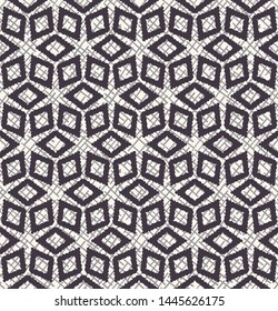 Hand drawn mosaic star trellis. Repeating geo arabic background. Monochrome starry mesh textile swatch. Modern black white wallpaper. Geometric screen style all over print. Seamless vector pattern.
