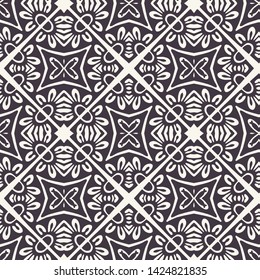 Hand drawn mosaic tile shape. Repeating floral azulejo background. Monochrome surface textile swatch. Modern black white wallpaper. Geometric flower square all over print. Seamless vector pattern. 