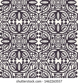 Hand drawn mosaic tile shapes. Repeating leaf azulejo background. Monochrome surface design textile swatch. Modern black white wallpaper. Geometric quilt style all over print. Seamless vector pattern