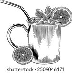 Hand drawn Moscow Mule Cocktail Drink Sketch Illustration Engraving Woodcut Style