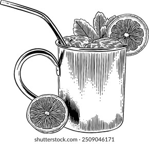 Hand drawn Moscow Mule Cocktail Drink Sketch Illustration Engraving Woodcut Style