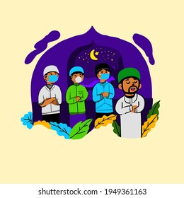 Handgezeichnete Moslem Männer beten Nacht Ramadan zusammen an der Moschee mit Maske Vektor für Banner oder Web