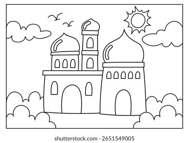 Dibujado a mano para colorear de la mezquita para la hoja de trabajo de actividad del niño musulmán