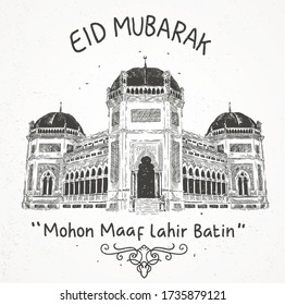 hand drawn of mosque with eid mubarak themed. eid mubarak mean holy great day for moslem people and mohon maaf lahir batin mean please to forgive