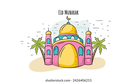 Hand Drawn Mosque Illustration. Eid Mubarak Concept, Suitable For Greeting Cards, Posters and Background