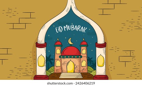 Ilustración de la mezquita dibujada a mano. Concepto de Eid Mubarak, adecuado para tarjetas de felicitación, afiches y fondo