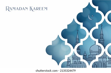 Hand drawn mosque with moon and stars through ornamental arabesque window. Greeting card, invitation. Muslim holiday Ramadan Kareem. Vector illustration background, Eid Mubarak web banner.