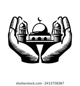 Dibujo manual de la mezquita en mano de oración por el concepto ramadan kareem y eid mubarak. Rezando las manos en un fondo aislado. Ilustración del vector