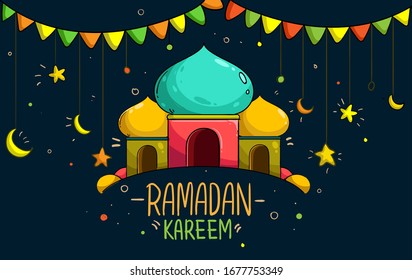 Hand drawn of mosque for ramadan greetings card with colorful and doodle Background. Vector Illustration