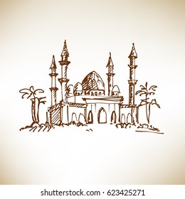 Hand drawn mosque. Sketch, vector illustration.
