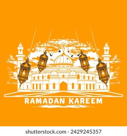 dibujado a mano mezquita blanco con linterna ramadan kareem oro amarillo ilustración vectorial de fondo