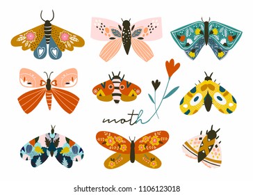 Hand drawn moth and butterflies. Colored vector set. All elements are isolated