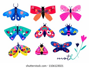 Hand drawn moth and butterflies. Colored vector set. All elements are isolated