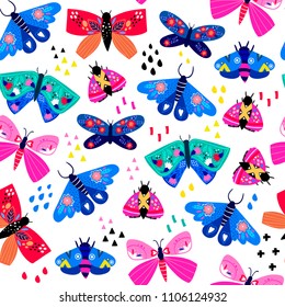 Hand drawn moth and butterflies. Colored vector seamless pattern