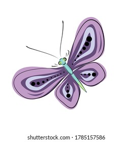 Hand drawn moth and butterflies. pastel colored vector illustration. Lilac, purple, pink, cyan and turquoise color with black lines and dots. Elements isolated.