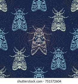 Hand drawn moth and butterflies seamless pattern with geometric mandala background. Vector illustration