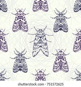 Hand drawn moth and butterflies seamless pattern with geometric mandala background. Vector illustration