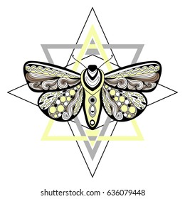 Hand drawn moth composition with sacred geometry. Tribal template in boho style. Isolated Vector illustration. Tattoo, adventure, meditation symbol. Butterfly tangle poster template