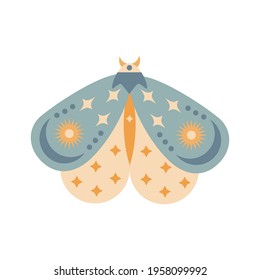 Hand drawn moth isolated on white background. Boho butterfly vector illustration. Mystery symbols. Design for birthday, party, clothing prints, greeting cards. 