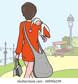 Hand drawn mother with baby in her arms, to walk in the park. Perfect vector illustration for books, posters