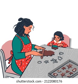 Hand drawn mother and daughter cooking together. Christmas cookie family baking. Vector illustration perfect for cards, poster