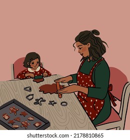 Hand Drawn Mother And Daughter Cooking Together. Christmas Cookie Family Baking. Vector Illustration Perfect For Cards, Poster