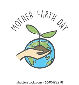 Hand drawn mother earth day. Human hands holding plant. Environmental care and social responsibility doodle.