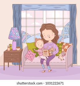 Hand Drawn Mother Reads Book To Her Little Child In Room. Vector Illustration Of Happy Motherhood. Mom And Kid Reading At Home. Carefree Young Woman And Her Daughter. Parent Teaching A Baby.