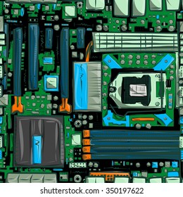 Hand drawn motherboard seamless pattern