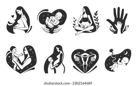 Hand drawn motherhood. Pregnant women, mother with child and womb maternity symbol minimal vector illustration set of mother maternity, ovum and pregnant