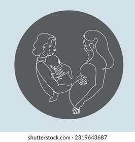 Hand drawn motherhood. Pregnant women, mother with child and womb maternity symbol minimal vector illustration set of mother maternity, ovum and pregnant