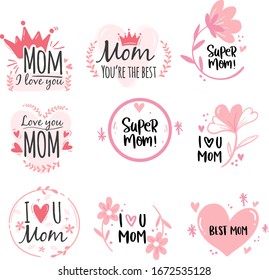 Hand drawn mother's day badge collection for lettering and flower frames. vector illustration.