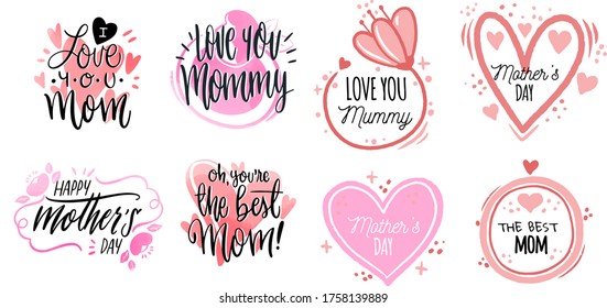 Hand drawn mother's day badge collection for lettering and flower frames. vector illustration.