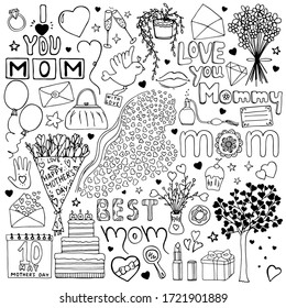 Hand drawn Mother`s day doodle set. Love you Mommy, best mom. Woman, bird, flower, heart, cake, present, envelope, bouquet, tree, calendar, lipstick, perfume, bag, ring, plant, mirror, lips, stemware