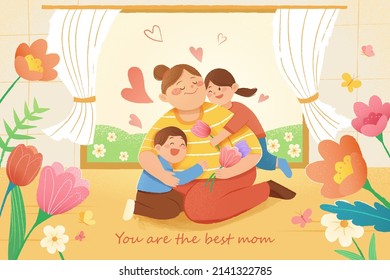 Hand drawn Mother's Day drawing cute children hugging their mother at home  Concept warm love 