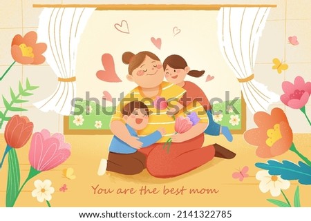 Hand drawn Mother's Day drawing of cute children hugging their mother at home. Concept of warm love.