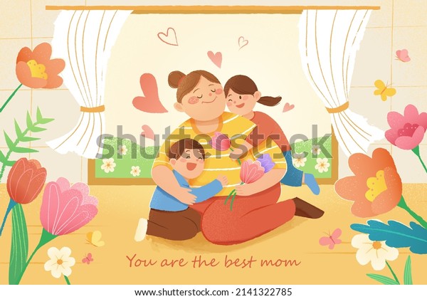 Hand drawn Mother\'s Day\
drawing of cute children hugging their mother at home. Concept of\
warm love.