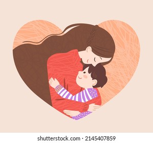 Hand drawn Mother's Day illustration with Asian woman hugging her son.